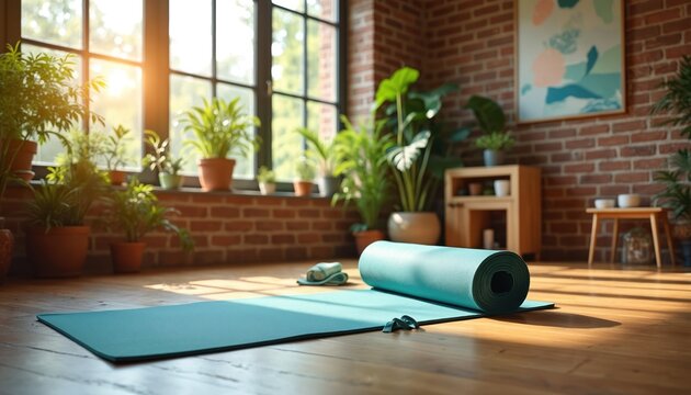 Teal yoga mat on wooden floor in home studio with brick wall, plants. Mat rolled up with accessories nearby. Sunlight through window on plants, yoga space. Indoor room with artwork, furniture.