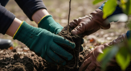 Woman and man planting tree seedling with gloved hands. International Volunteer Day concept of environmental conservation and sustainable living.