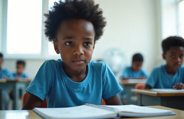 Sad black boy sits alone at desk in school classroom. Unhappy pupil feels stressed, lonely with learning difficulties. Upset child thinking about education problems, bullying during lesson. Young