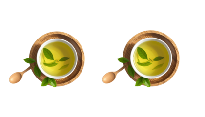 Minimal Green Tea Cup with Leaves and Wooden PNG