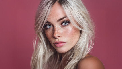 Fototapeta premium Close-up portrait of a blonde woman with striking blue eyes and delicate freckles, set against a vibrant pink backdrop. Her soft features exude natural elegance and beauty.