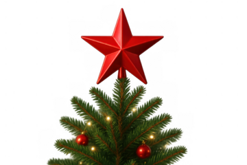Christmas tree with red five-pointed star tree topper, glowing lights, and festive holiday ornaments, transparent background