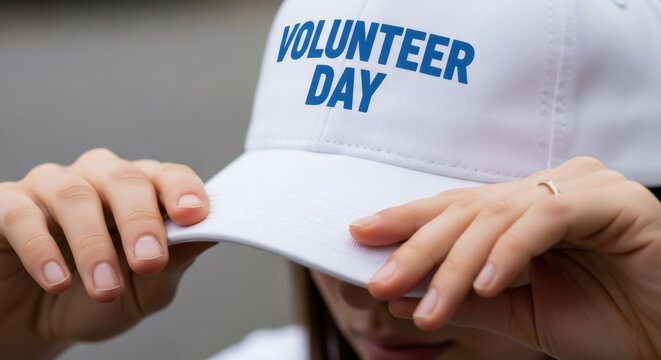 Woman wearing white volunteer day baseball cap. Youth and student community service and social work concept. Charity event participation.