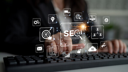 SEO concept for improving SEO visibility, with SEO related digital tools and SEO performance icons shown in an focused layout for strategic marketing. Spline