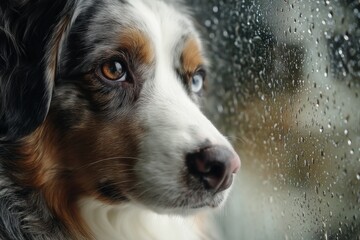 Fototapeta premium Dog with Heterochromia Looks Out a Window Covered in Raindrops During Stormy Weather; Focus on Profile View