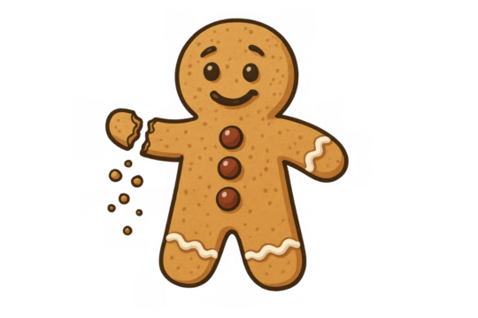 Smiling gingerbread man cookie with a broken arm, celebrating holidays and baking, transparent background