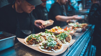 A vibrant array of fresh tacos being prepared at a bustling food stand.  Delicious fillings, colorful toppings, ready to be enjoyed. Great food, great people, and great atmosphere!