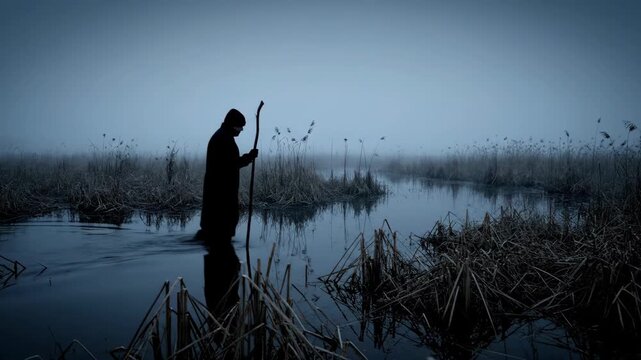 Man in silhouette walking through a misty winter marsh, holding a staff, symbolizing a pagan ritual or spiritual journey footage.