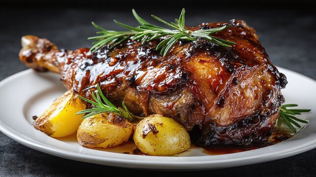 Savor a culinary delight with tender meat glazed to perfection, served alongside golden potatoes and garnished with fresh rosemary. A flavorful and satisfying meal!