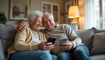 Happy senior couple use smartphones together on sofa. Elderly man, woman laugh watching funny videos online. Cheerful old people enjoy modern tech, internet browsing at home. Grandparents smile using