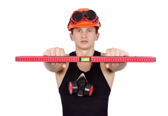 Shirtless man in helmet holds a construction level