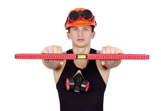 Shirtless man in helmet holds a construction level