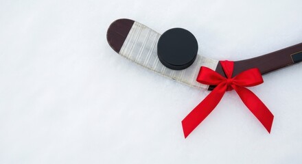 A hockey stick with a black puck rests on white snow. A red ribbon is tied around the stick, creating a festive Christmas theme with space for text.