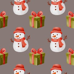 Seamless Christmas watercolor pattern with festive baubles, stars, bows, fir branches and gift boxes