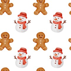 Seamless pattern with watercolor Christmas sweets, cookies, stars, bows and candy canes