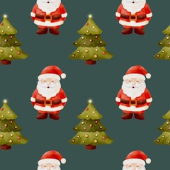 Seamless Christmas watercolor pattern with festive baubles, stars, bows, fir branches and gift boxes
