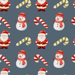 Watercolor seamless Christmas pattern with Santa Claus, snowman, holly, candy canes and Christmas trees