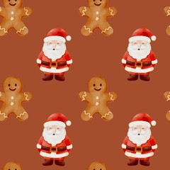 Watercolor seamless Christmas pattern with Santa Claus, snowman, holly, candy canes and Christmas trees