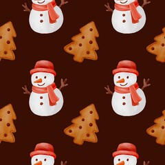 Watercolor seamless Christmas pattern with Santa Claus, snowman, holly, candy canes and Christmas trees