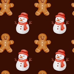 Seamless festive pattern with watercolor Christmas cookies, candy canes, stars and gingerbread men
