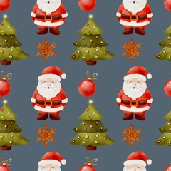 Seamless festive pattern with watercolor Christmas cookies, candy canes, stars and gingerbread men
