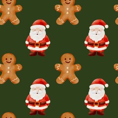 Watercolor seamless holiday pattern with Christmas ornaments, gift boxes, bows, stars and holly leaves