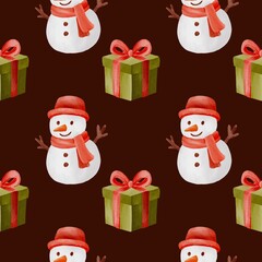 Seamless watercolor Christmas pattern with gingerbread cookies, Christmas trees, snowflakes and festive bows