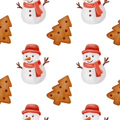 Seamless watercolor Christmas pattern with gingerbread cookies, Christmas trees, snowflakes and festive bows