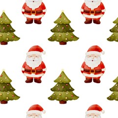 Fototapeta premium Seamless watercolor Christmas pattern with gingerbread cookies, Christmas trees, snowflakes and festive bows