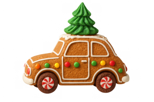 Gingerbread cookie car decorating for christmas, carrying a festive green tree, holiday season celebration - Powered by Adobe