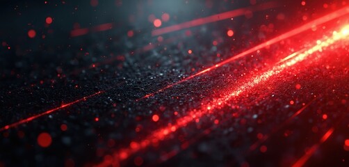 Red light streaks move fast over dark textured surface. Bright glowing particles scatter in abstract motion. Futuristic tech background with speed and energy effect. Dark carbon fiber pattern.