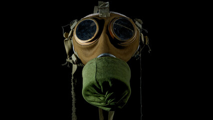 Hungarian 67M Cold War Gas Mask with Brass Eyepieces, . Used by Hungary’s Polgári Védelem during the 1960s–1970s, on Black Background