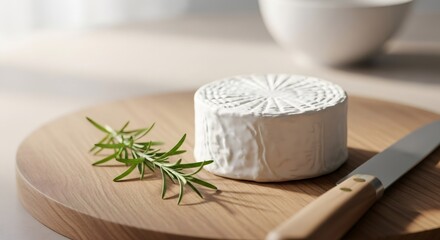 Fresh goat cheese with rosemary on a wooden cutting board. Gourmet food and healthy appetizer concept.