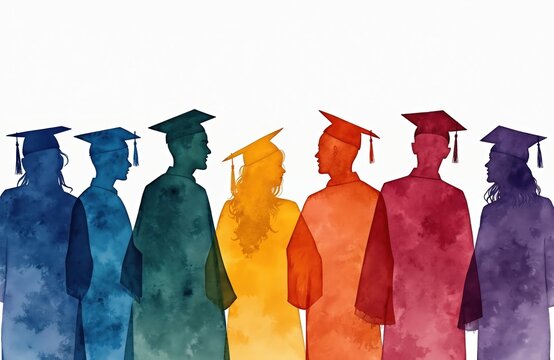 Colorful watercolor silhouettes of diverse graduates in gowns, caps stand together. Represent academic achievement, celebration of learning. Group embodies unity, culmination of educational journeys.