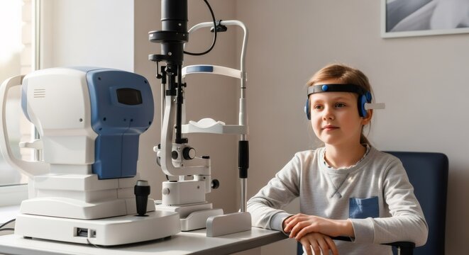 Young girl patient with red head band awaiting ophthalmology examination. Pediatric eye health and vision testing for kids.