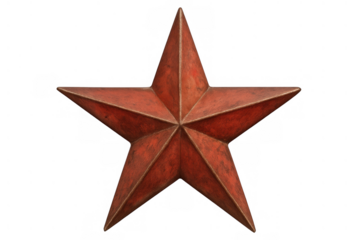 Red five-pointed weathered metal star symbolizing soviet era communism, authority, and military history. Transparent background