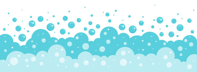 Foam bubble background. Soap water pattern, cartoon bath or soda. Laundry border, fizz or wash frame. Abstract carbonated, blue suds splash, underwater or sea liquid. Hygiene bg. Vector illustration