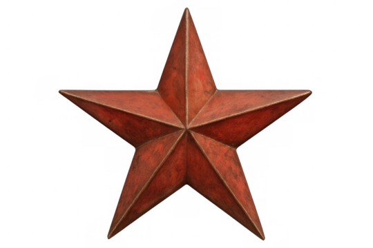 Red five-pointed weathered metal star symbolizing soviet era communism, authority, and military history. Transparent background