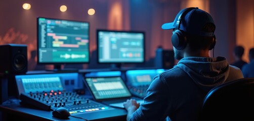Man in studio works on sound equipment with headphones. Professional musician creates audio track using computer and soundboard. Producer mixes music or podcast. Night studio with music software.