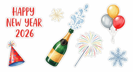 Festive New Year 2026 elements with champagne, balloons, and fireworks isolated on white background. 