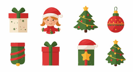 Christmas themed illustrations with gifts, tree, and character isolated on white background. 