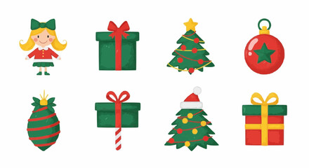 Christmas-themed icons including gifts, tree, ornaments, and girl  isolated on white background.