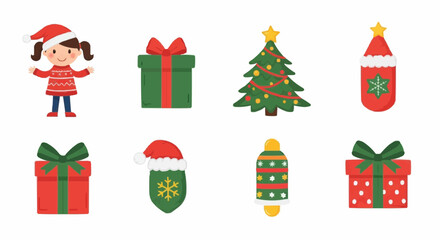 Cute girl with Christmas gifts and decorations in festive style isolated on white background. 