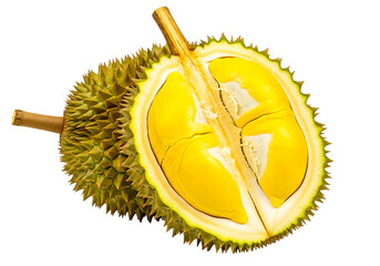 Halved durian fruit isolated on transparent background, showcasing its creamy yellow flesh