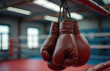 Red leather boxing gloves hang inside empty gym. Fighting ring with red floor is in background. Professional sports equipment for training combat or workout. Nobody at fight club before competition.