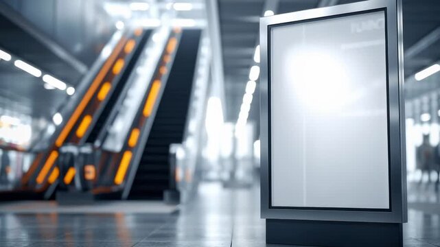 A white sign is in front of a building with escalators. The sign is empty and the background is blurry