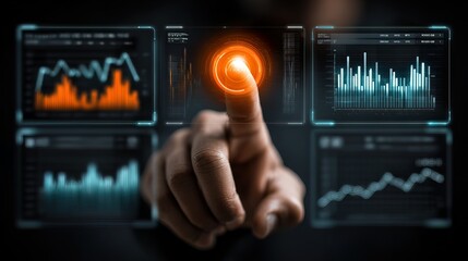 Hand interacting with futuristic financial analytics interface and holographic data dashboard, generative ai
