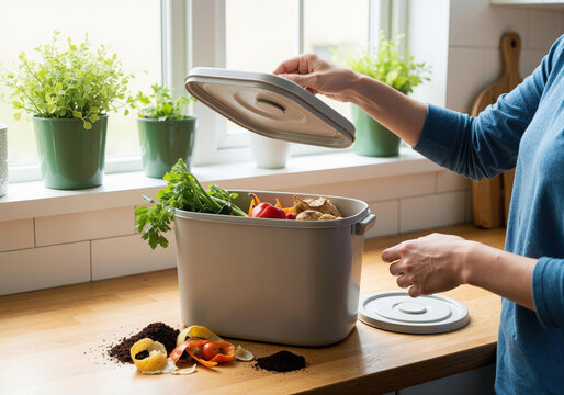 Person composting kitchen food waste in organic bin