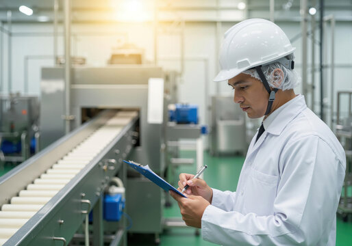 Quality control inspector examining production line in food factory