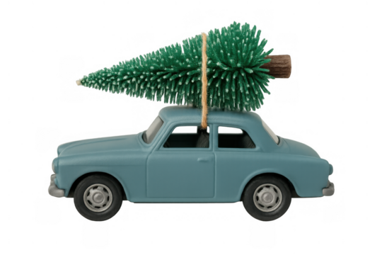 Retro toy car carrying small christmas tree on roof, celebrating holiday season, transparent background